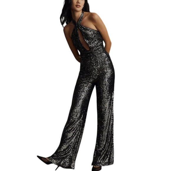 Anthropologie Maeve Sequin Halter Jumpsuit Black & Silver Wide Leg, Size 8, NWT - Picture 1 of 13